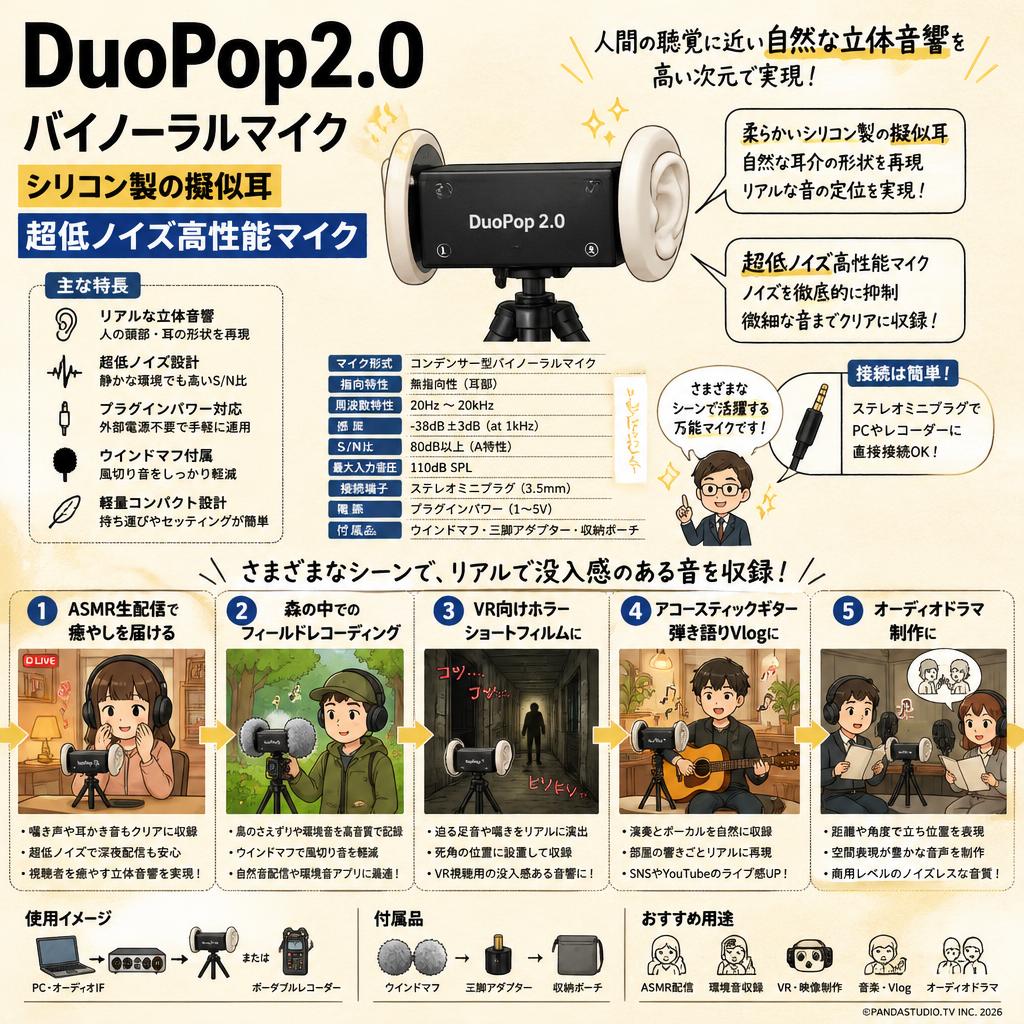 DuoPop2.0 バイノーラルマイク シリコン製の擬似耳 超低ノイズ高性能マイク 用途