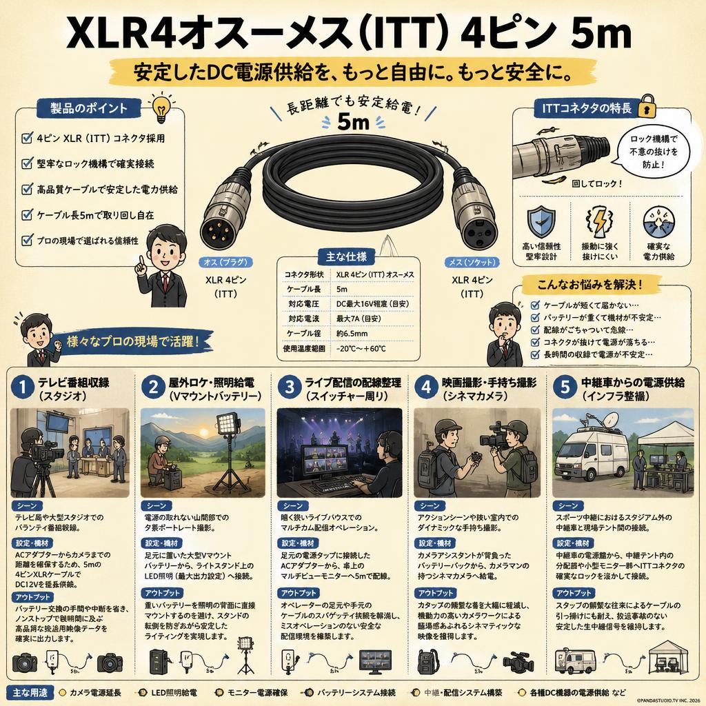 XLR4オス－メス（ITT） 4ピン 5m 用途