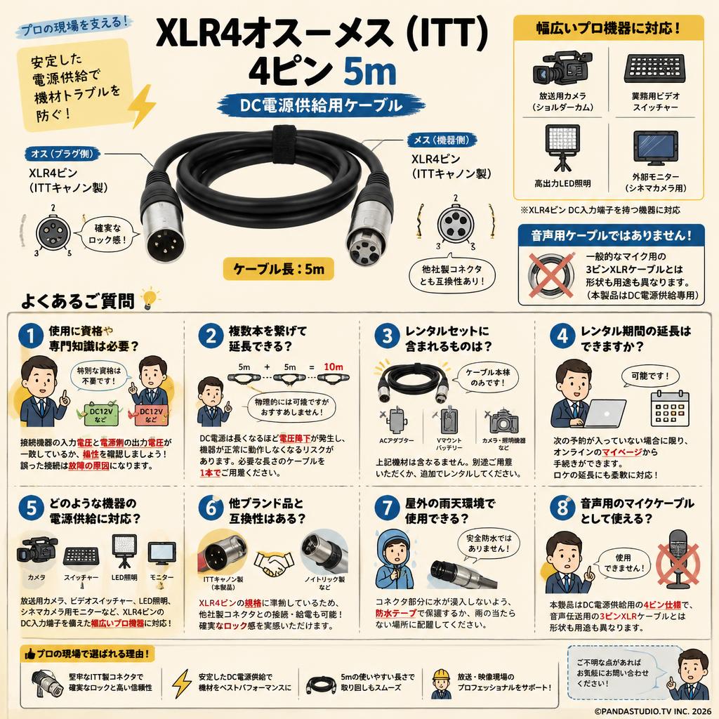 XLR4オス－メス（ITT） 4ピン 5m FAQ（よくある質問と答え）