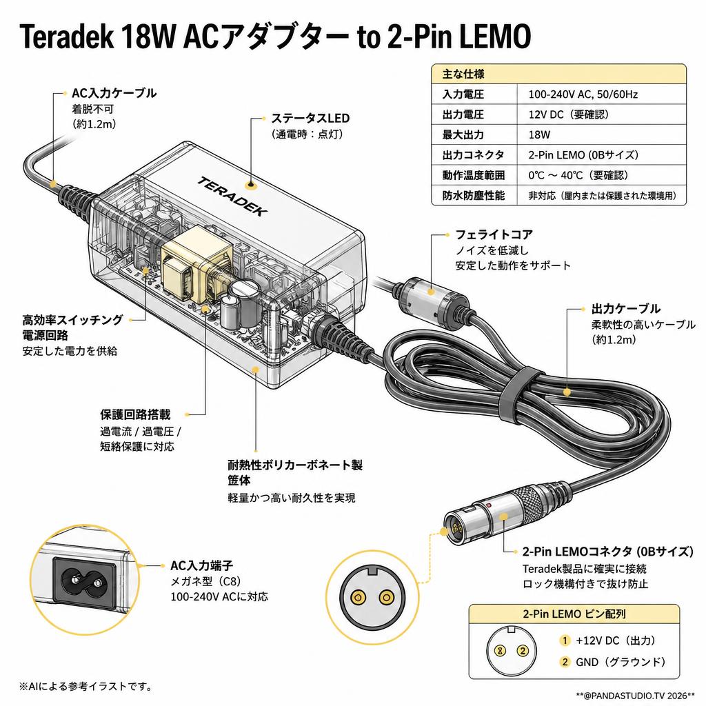 Teradek 18W AC Adapter to 2-Pin LEMO スペック