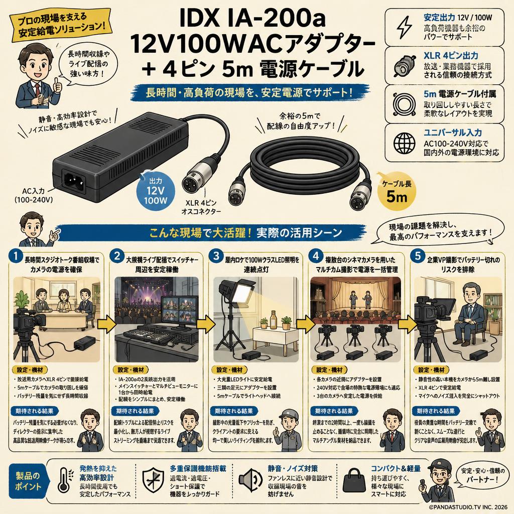 IDX IA-200a 12V100WACアダプター + 4ピン 5m 電源ケーブル 用途