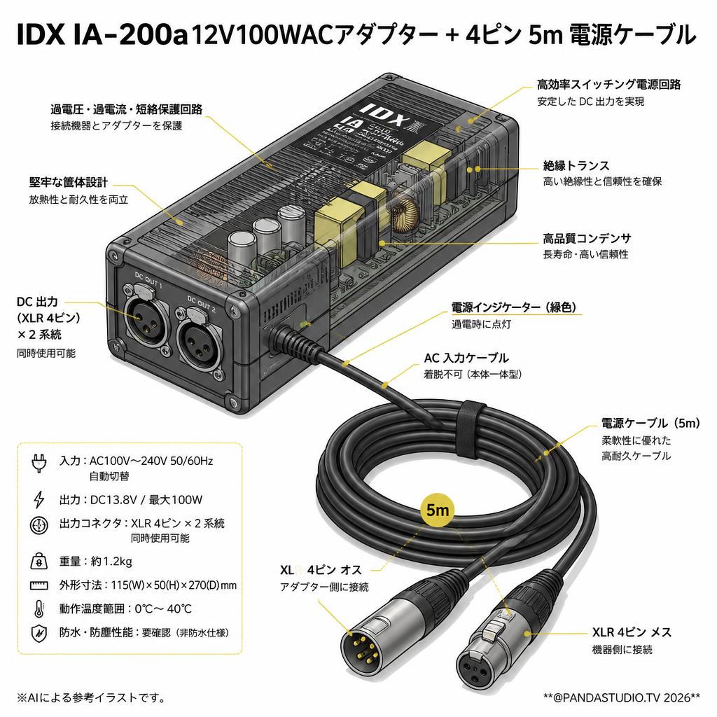 IDX IA-200a 12V100WACアダプター + 4ピン 5m 電源ケーブル スペック