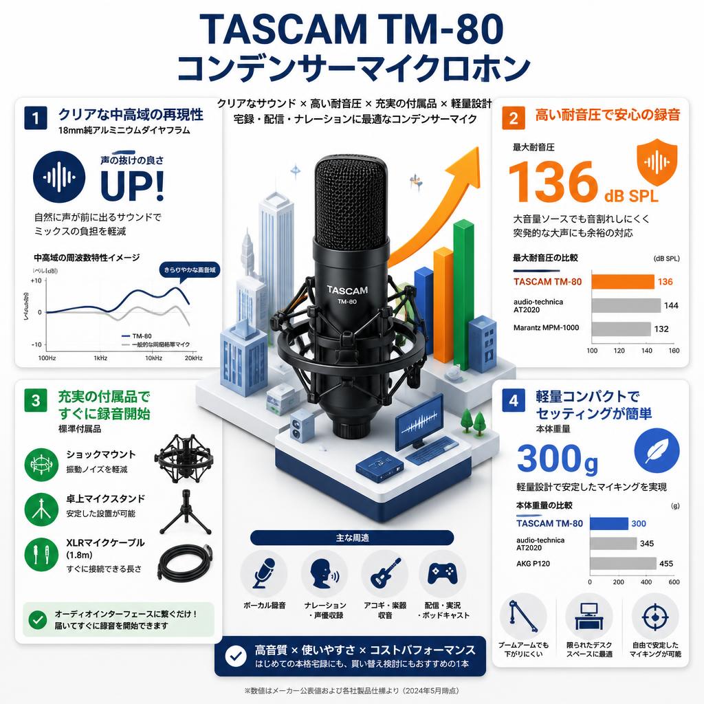 TASCAM TM-80 コンデンサーマイクロホン セールスポイント