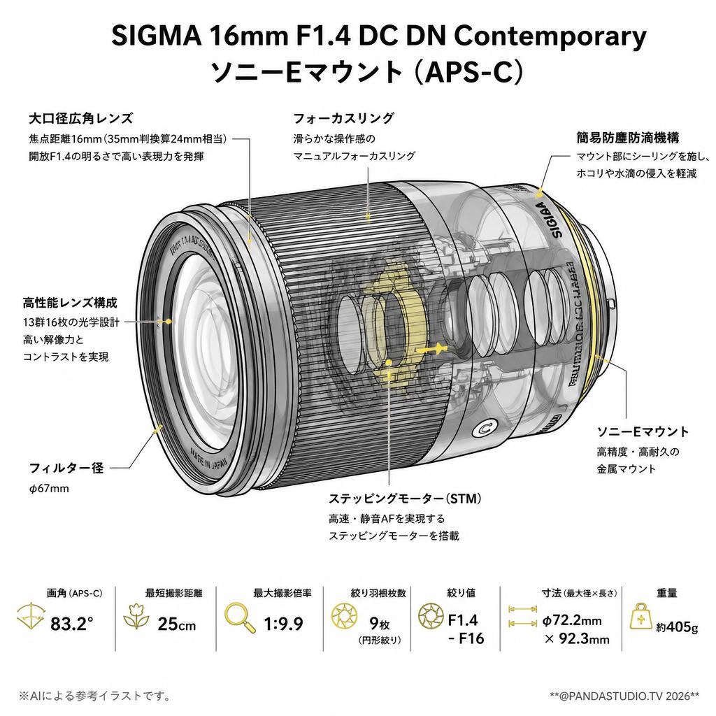 SIGMA 16mm F1.4 DC DN Contemporary ソニーEマウント（APS-C) スペック
