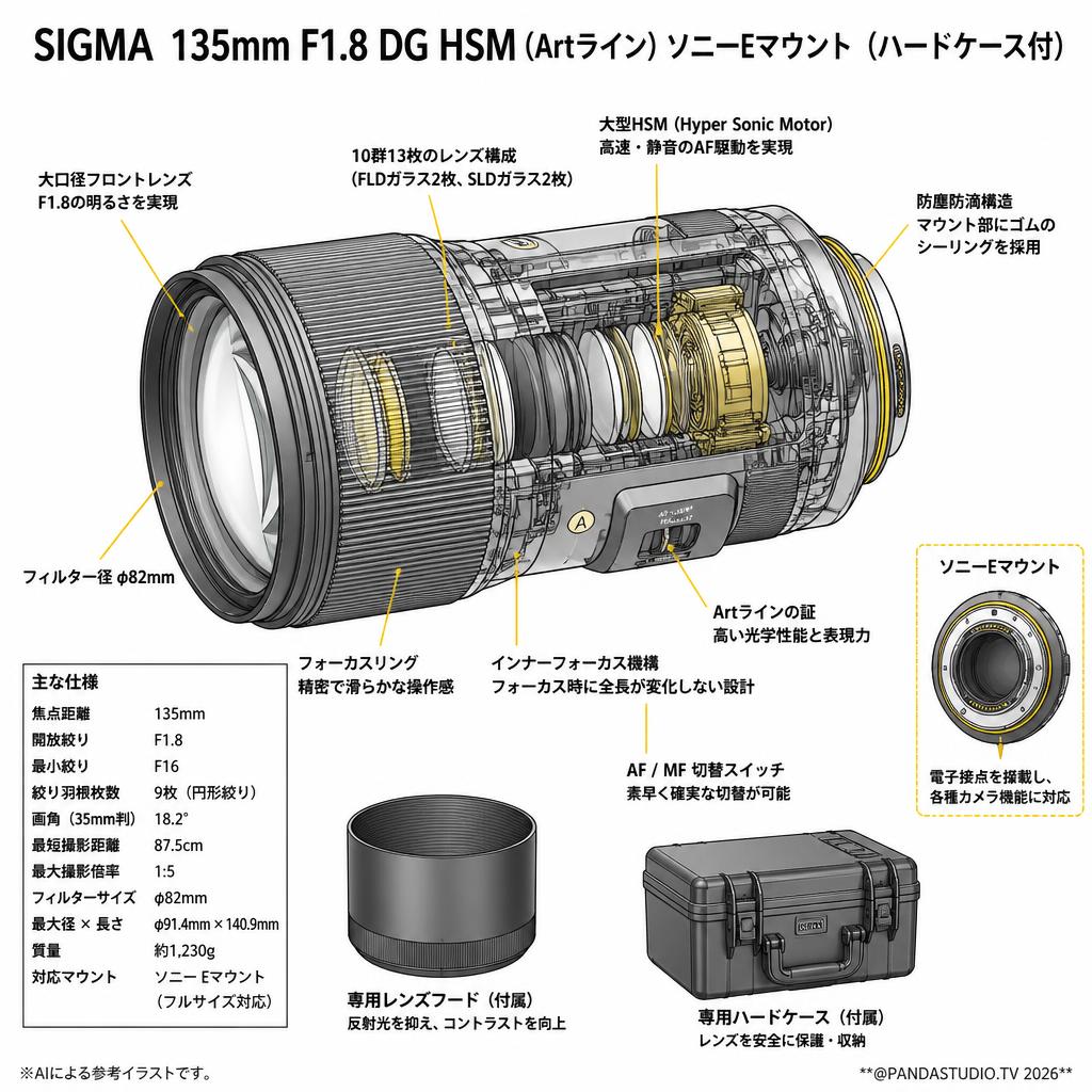 SIGMA  135mm F1.8 DG HSM (Artライン) ソニーEマウント（ハードケ－ス付） スペック