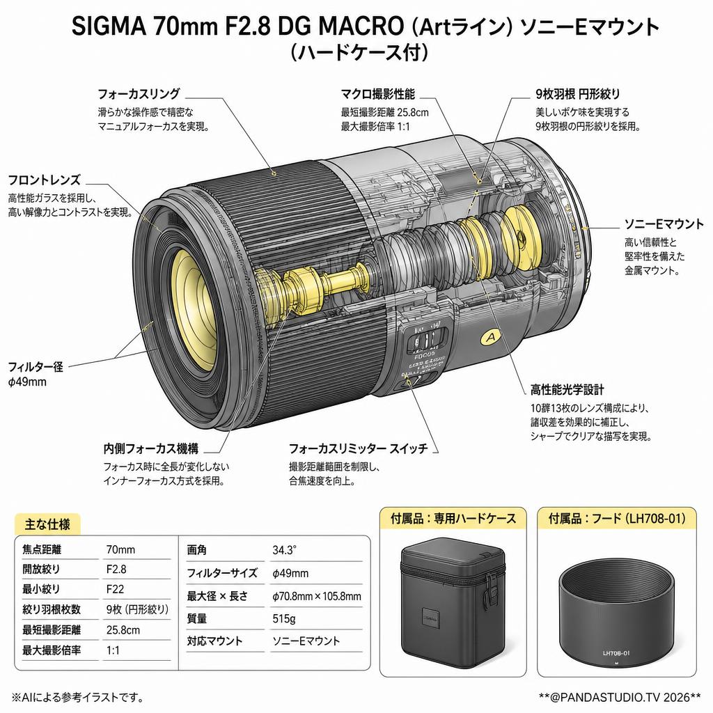SIGMA 70mm F2.8 DG MACRO (Artライン) ソニーEマウント(ハードケ－ス付) スペック