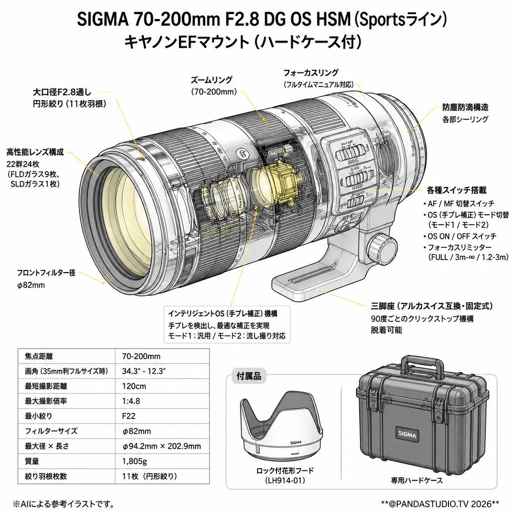 SIGMA 70-200mm F2.8 DG OS HSM (Sportsライン) キャノンEFマウント（ハードケ－ス付） スペック