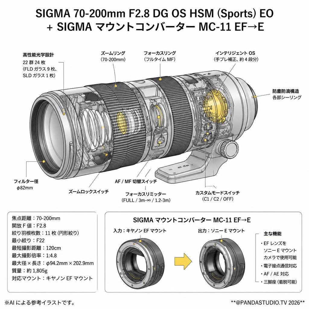 SIGMA 70-200mm F2.8 DG OS HSM (Sports) EO + SIGMA マウントコンバーター MC-11 EF→E スペック