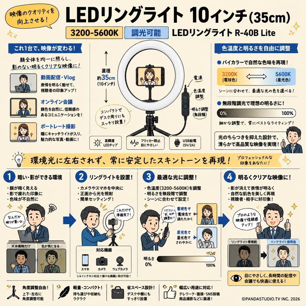 LEDリングライト 10インチ 35cm 3200-5600K 調光可能 LEDリングライト R-40B Lite 概要