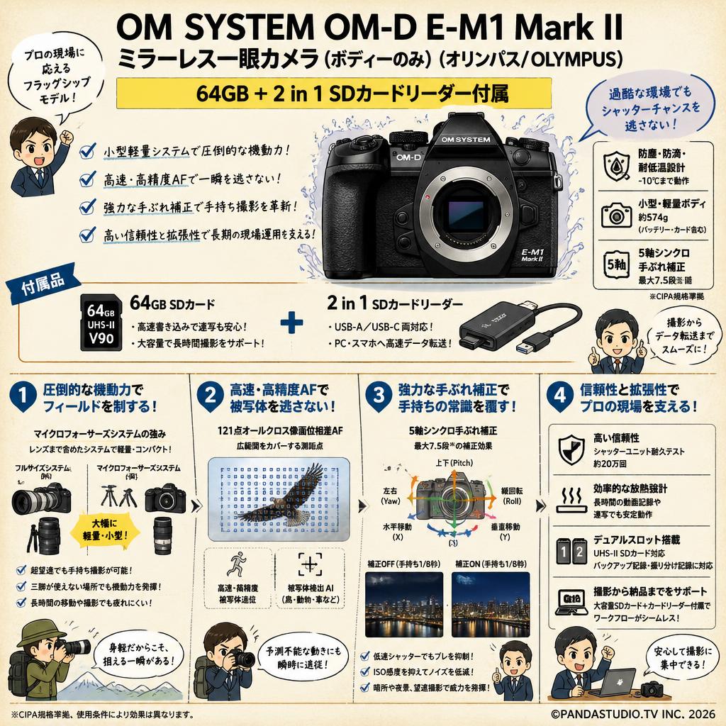 OM SYSTEM OM-D E-M1 Mark IIミラーレス一眼カメラ（ボティーのみ） (オリンパス/ OLYMPUS) 64GB ＋ 2 in 1 SDカードリーダー付属 概要