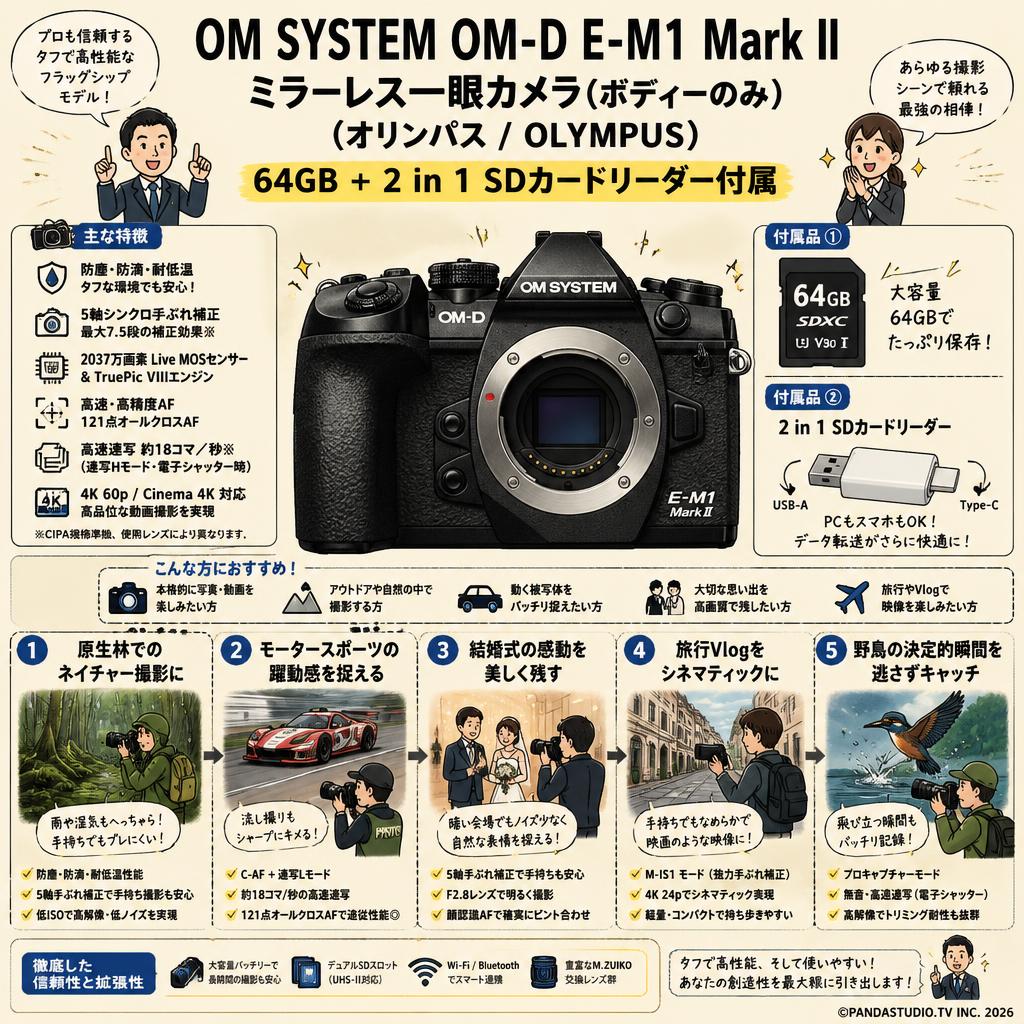 OM SYSTEM OM-D E-M1 Mark IIミラーレス一眼カメラ（ボティーのみ） (オリンパス/ OLYMPUS) 64GB ＋ 2 in 1 SDカードリーダー付属 用途