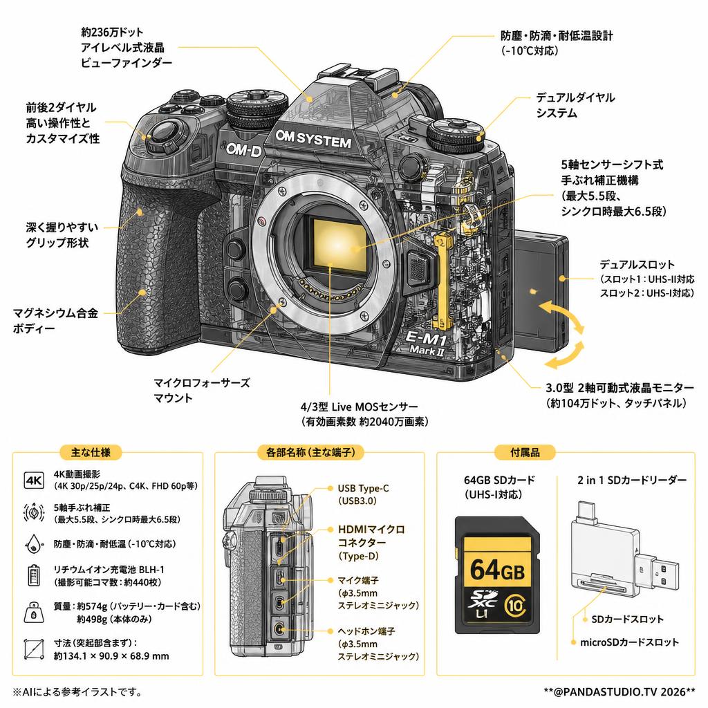 OM SYSTEM OM-D E-M1 Mark IIミラーレス一眼カメラ（ボティーのみ） (オリンパス/ OLYMPUS) 64GB ＋ 2 in 1 SDカードリーダー付属 スペック