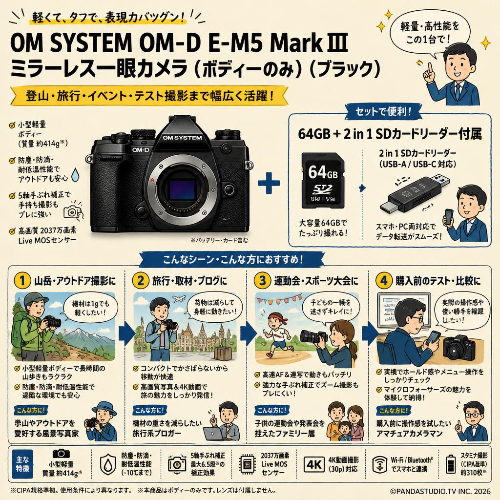 OM SYSTEM OM-D E-M5 Mark III ミラーレス一眼カメラ  （ボディーのみ）（ブラック） (オリンパス/ OLYMPUS) 64GB ＋ 2 in 1 SDカードリーダー付属 おもな対象のお客様