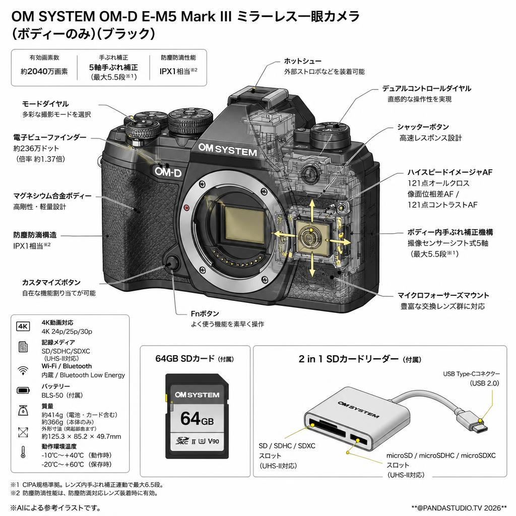 OM SYSTEM OM-D E-M5 Mark III ミラーレス一眼カメラ  （ボディーのみ）（ブラック） (オリンパス/ OLYMPUS) 64GB ＋ 2 in 1 SDカードリーダー付属 スペック