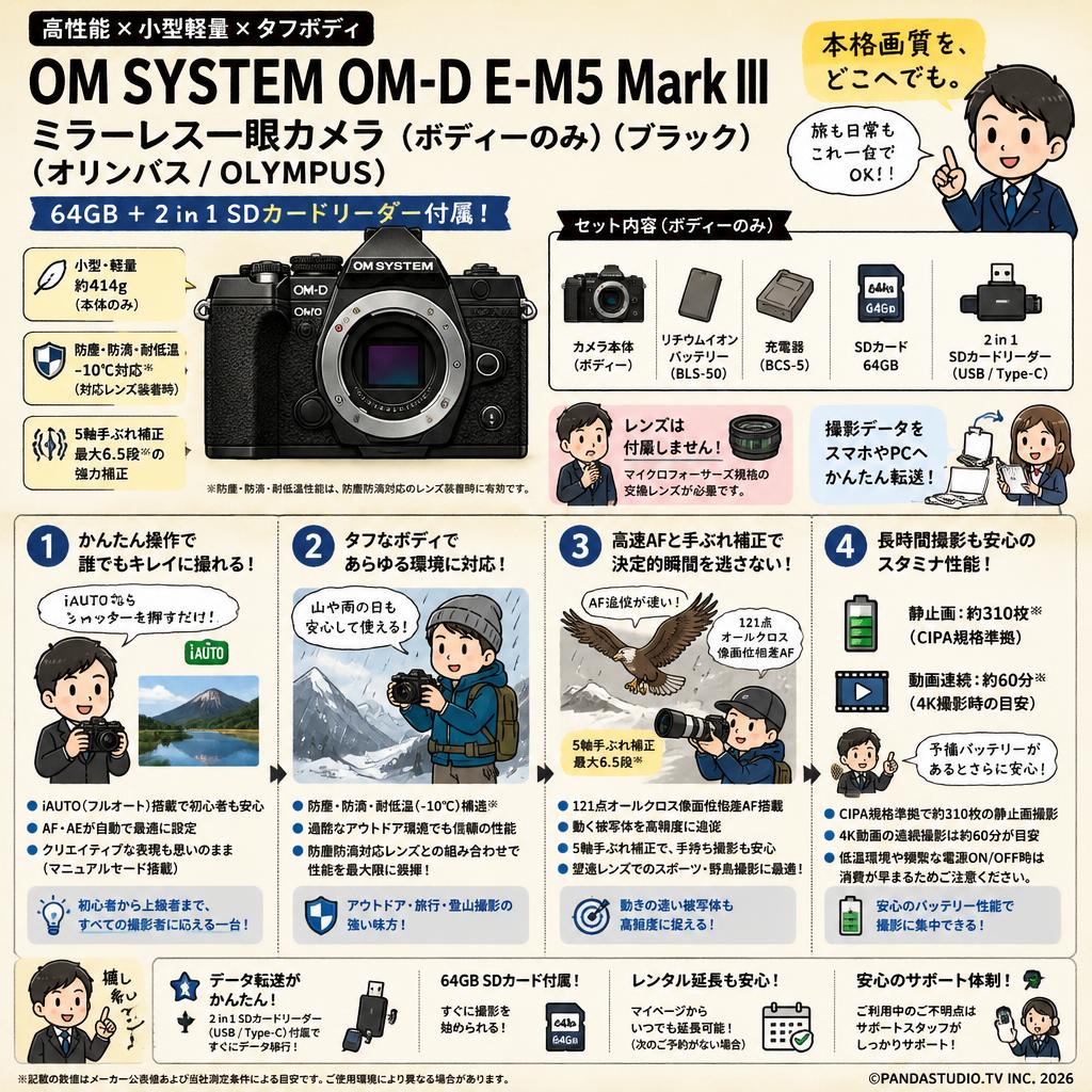 OM SYSTEM OM-D E-M5 Mark III ミラーレス一眼カメラ  （ボディーのみ）（ブラック） (オリンパス/ OLYMPUS) 64GB ＋ 2 in 1 SDカードリーダー付属 FAQ（よくある質問と答え）