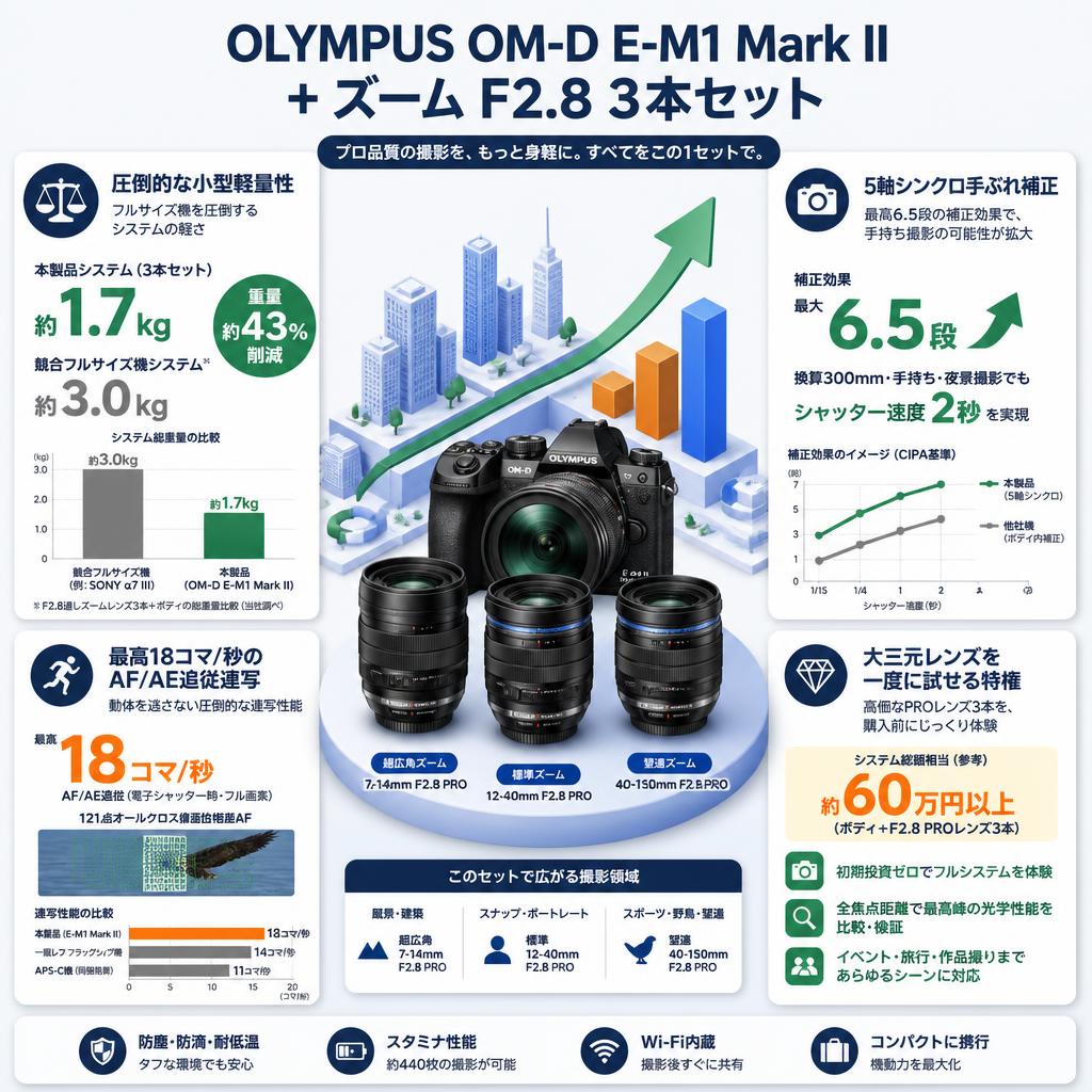 OLYMPUS OM-D E-M1 Mark II + ズーム F2.8  3本セット セールスポイント