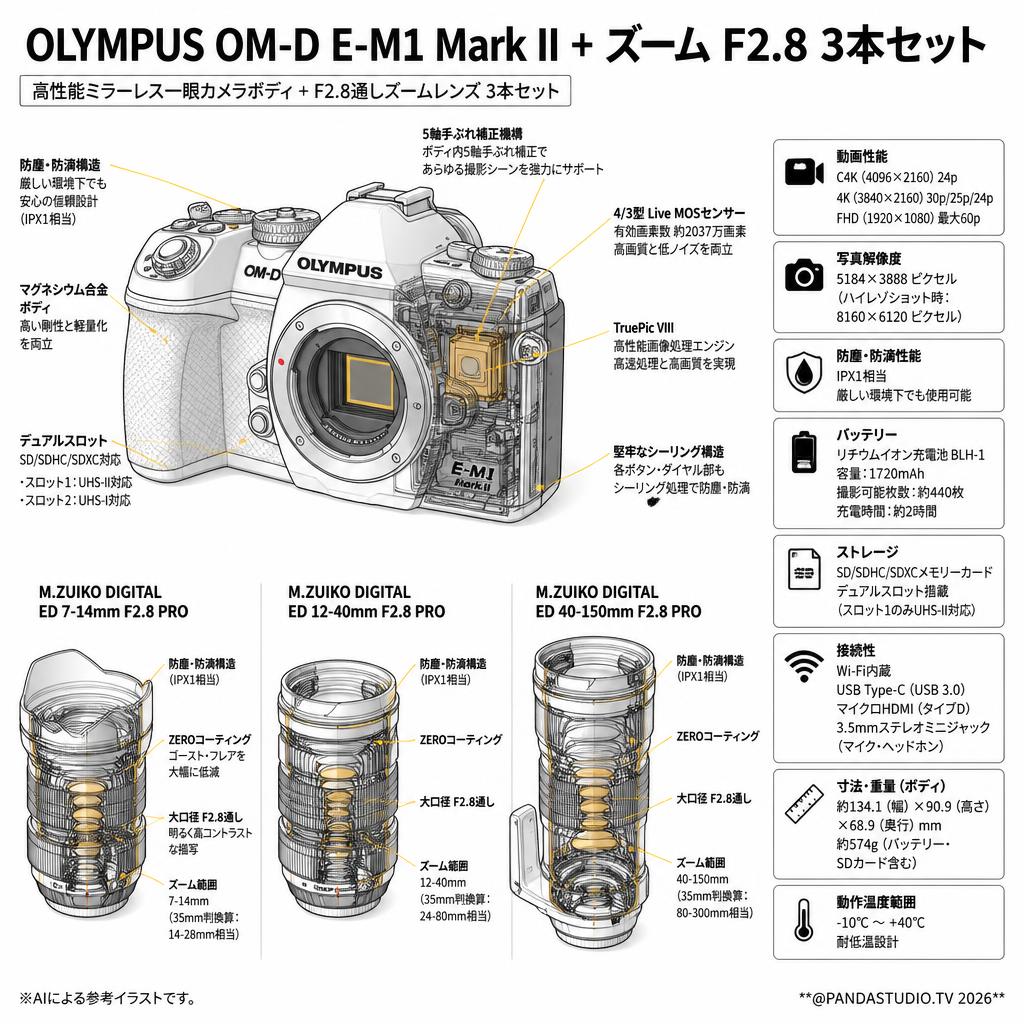 OLYMPUS OM-D E-M1 Mark II + ズーム F2.8  3本セット スペック
