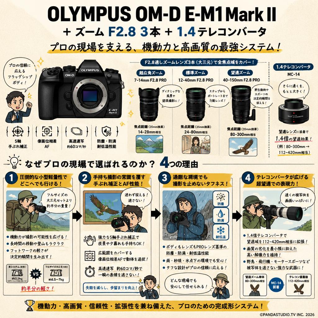 OLYMPUS OM-D E-M1 Mark II + ズーム F2.8  3本 + 1.4テレコンバータ 概要