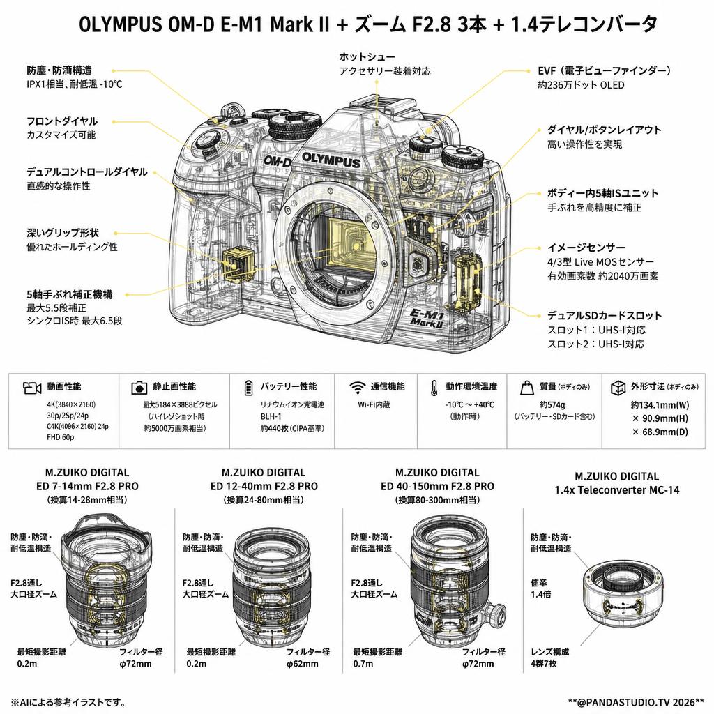 OLYMPUS OM-D E-M1 Mark II + ズーム F2.8  3本 + 1.4テレコンバータ スペック