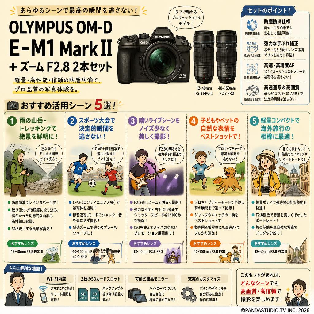 OLYMPUS OM-D E-M1 Mark II + ズーム F2.8  2本セット 用途