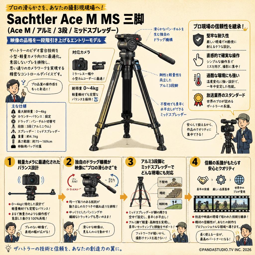 Sachtler Ace M MS 三脚(Ace M/アルミ/3段/ミッドスプレッダー) 概要