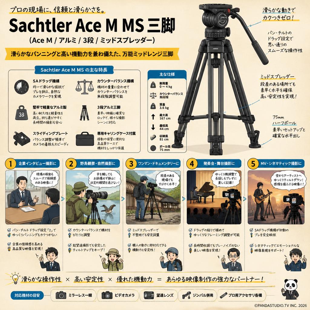 Sachtler Ace M MS 三脚(Ace M/アルミ/3段/ミッドスプレッダー) 用途