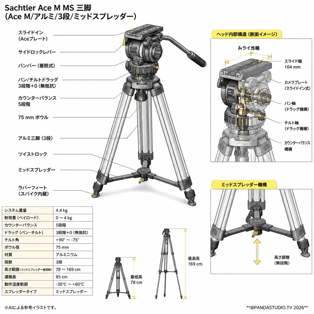 Sachtler Ace M MS 三脚(Ace M/アルミ/3段/ミッドスプレッダー) スペック