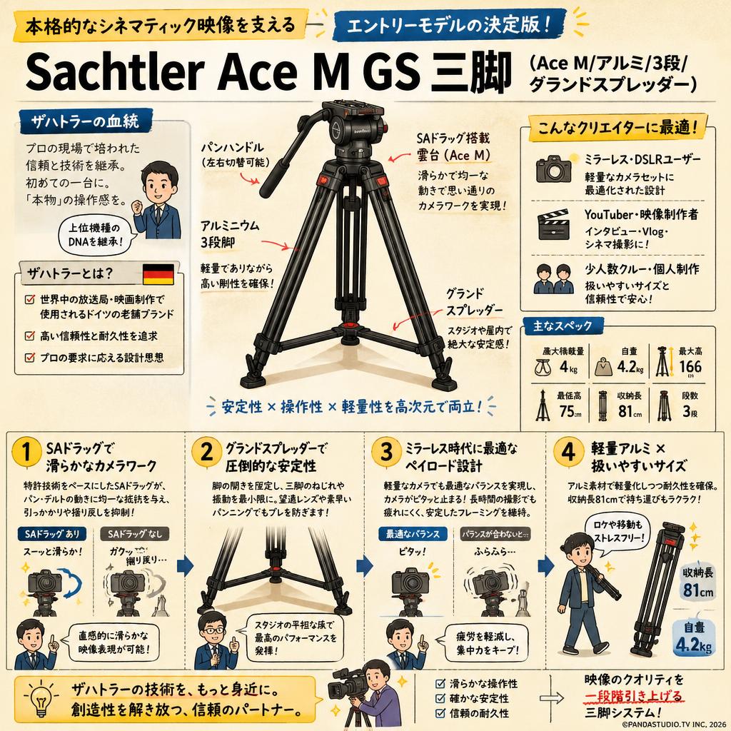 Sachtler Ace M GS 三脚(Ace M/アルミ/3段/グランドスプレッダー) 概要