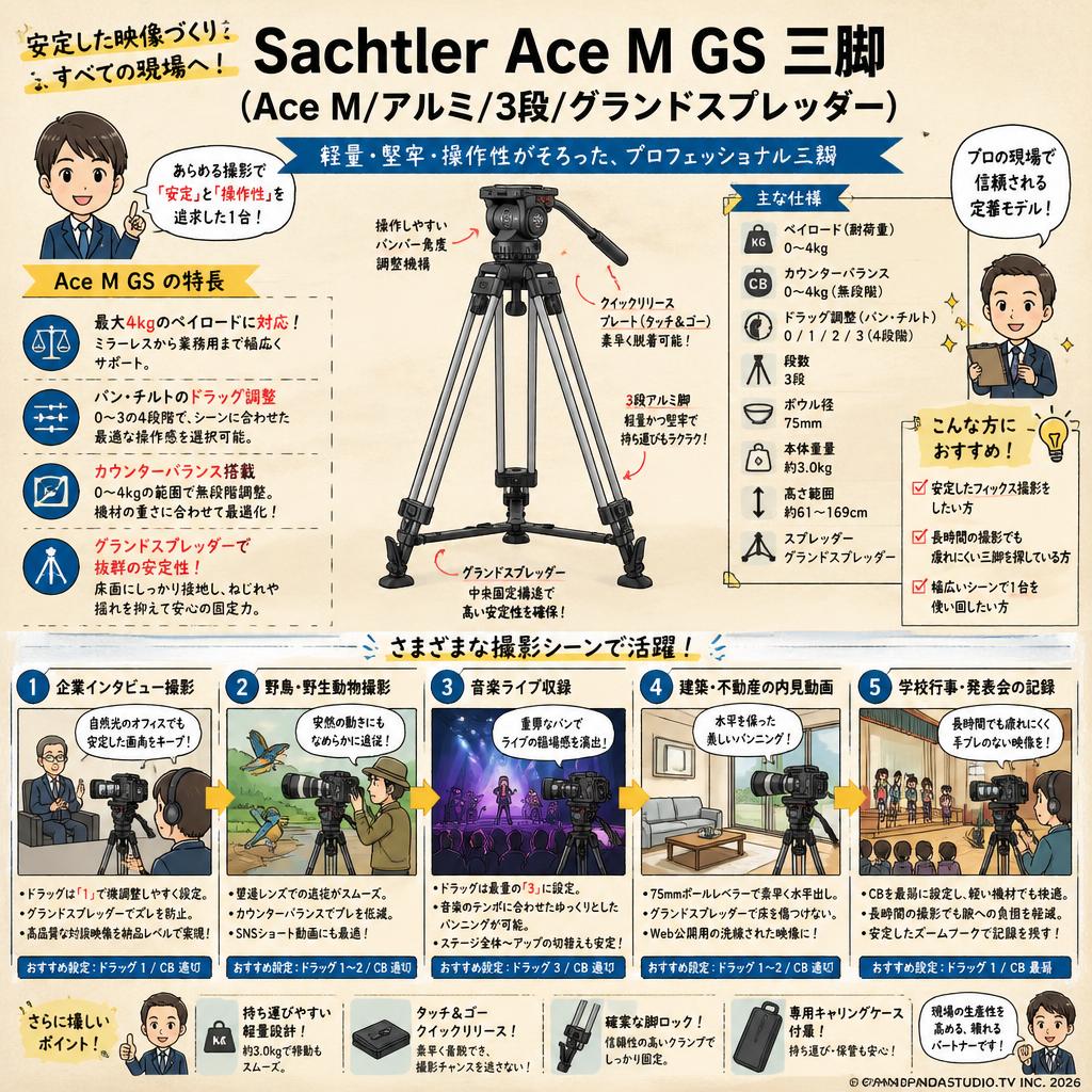 Sachtler Ace M GS 三脚(Ace M/アルミ/3段/グランドスプレッダー) 用途