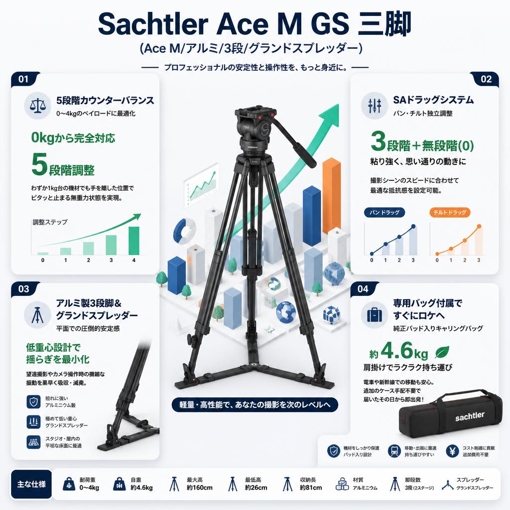 Sachtler Ace M GS 三脚(Ace M/アルミ/3段/グランドスプレッダー) セールスポイント