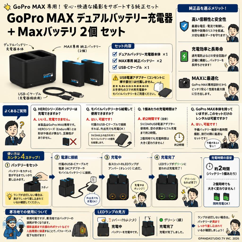 GoPro MAX デュアルバッテリー充電器 + Maxバッテリ 2個 セット FAQ（よくある質問と答え）