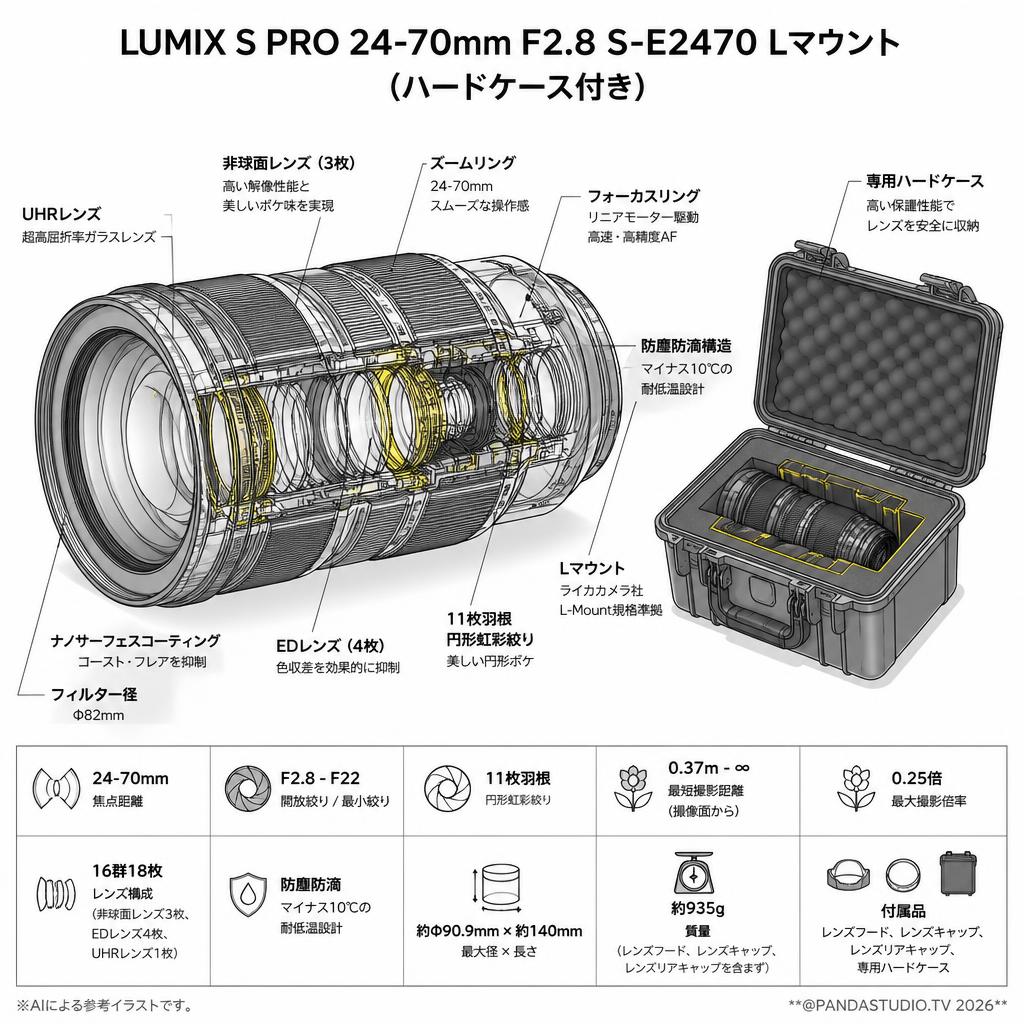 Panasonic LUMIX S PRO 24-70 mm F2.8 S-E2470 Lマウント (ハードケース付き) スペック