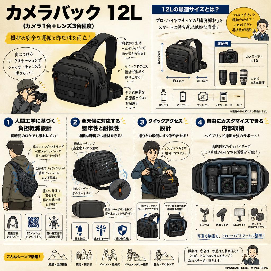 カメラバック 12L (カメラ1台+レンズ3台程度） 概要
