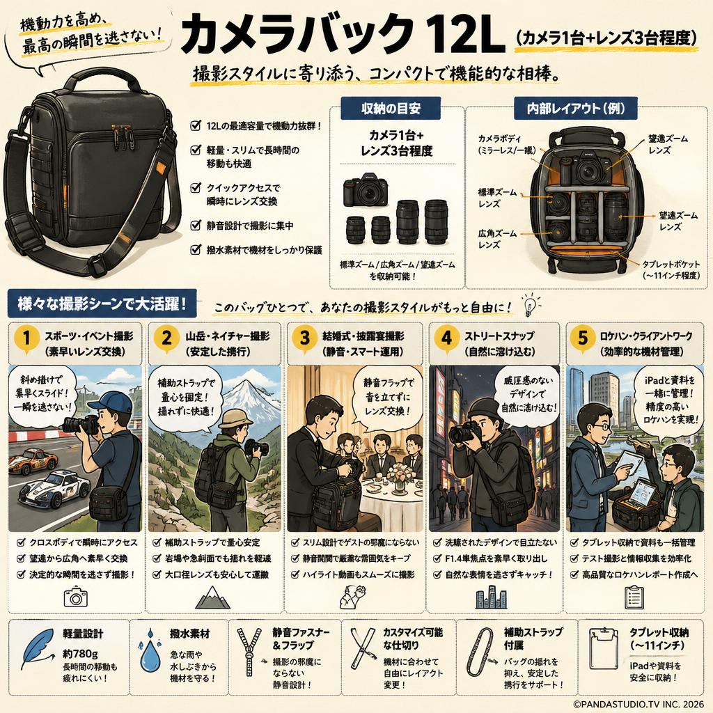 カメラバック 12L (カメラ1台+レンズ3台程度） 用途