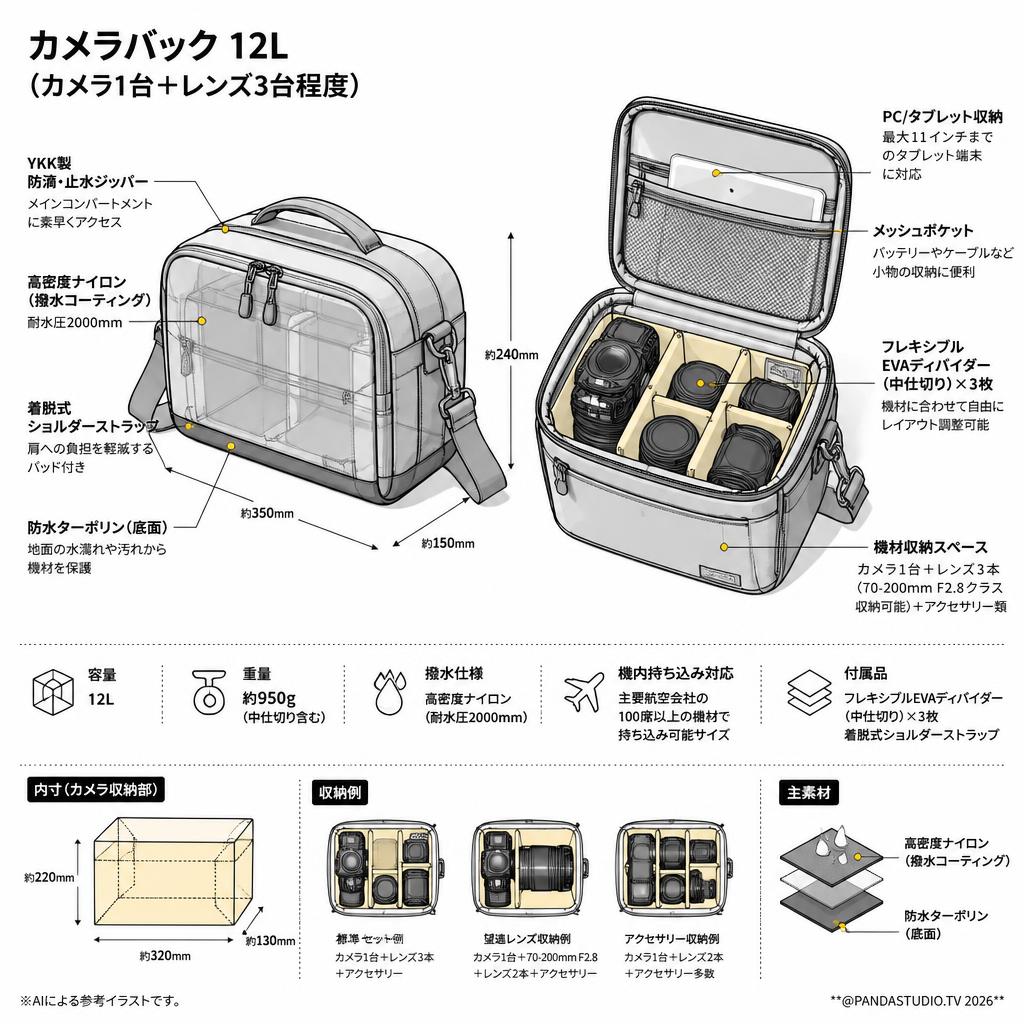 カメラバック 12L (カメラ1台+レンズ3台程度） スペック