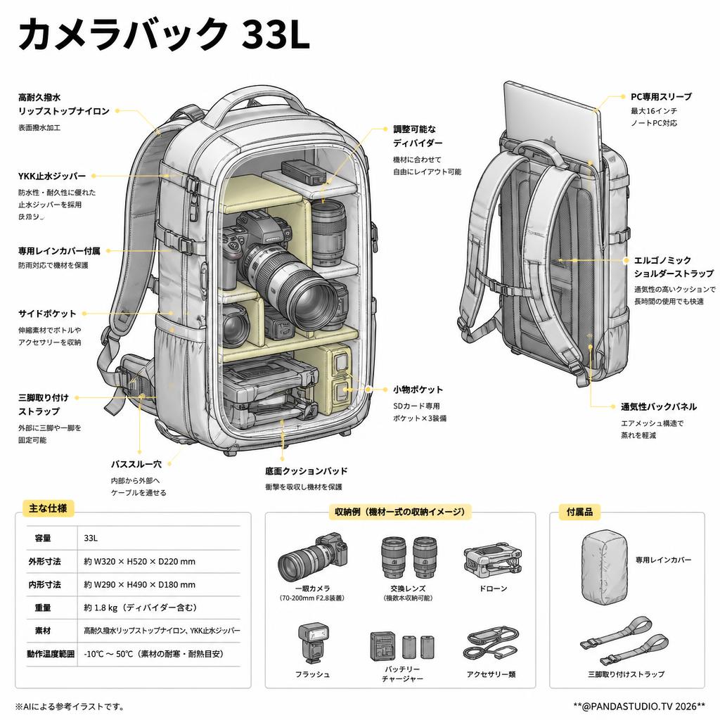 カメラバック 33L スペック