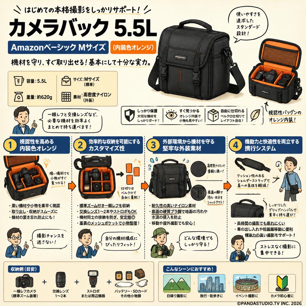 カメラバック 5.5L Amazonベーシック Mサイズ (内装色オレンジ) 概要
