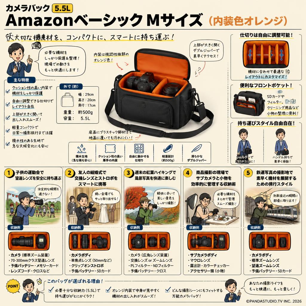 カメラバック 5.5L Amazonベーシック Mサイズ (内装色オレンジ) 用途