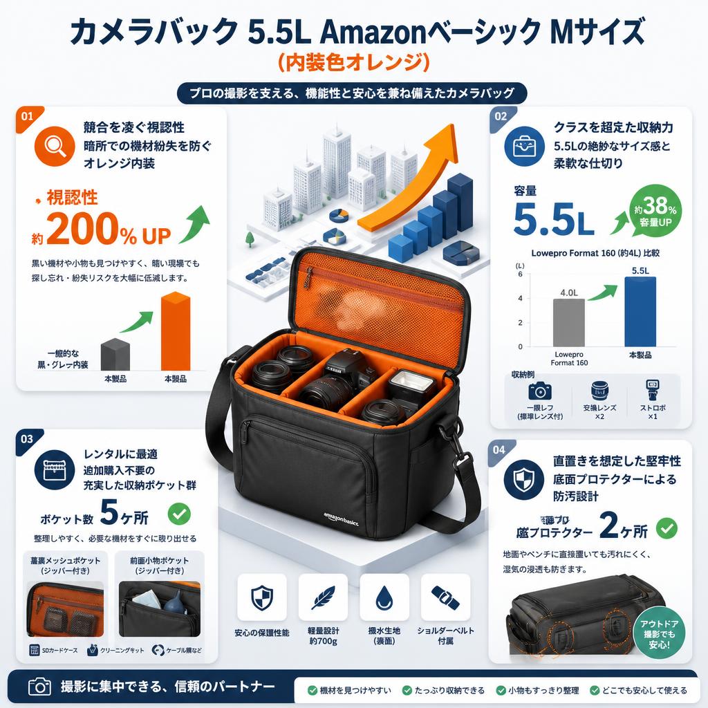 カメラバック 5.5L Amazonベーシック Mサイズ (内装色オレンジ) セールスポイント