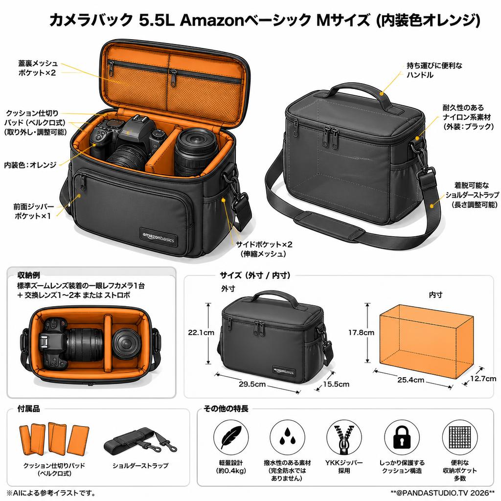 カメラバック 5.5L Amazonベーシック Mサイズ (内装色オレンジ) スペック