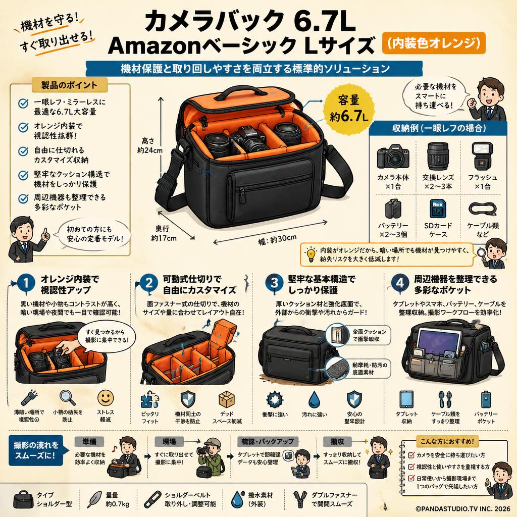 カメラバック 6.7L Amazonベーシック Lサイズ (内装色オレンジ) 概要
