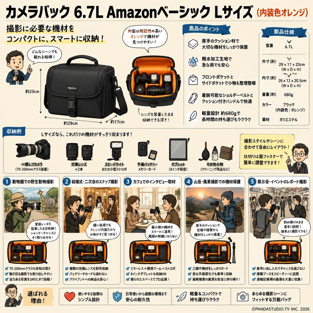 カメラバック 6.7L Amazonベーシック Lサイズ (内装色オレンジ) 用途
