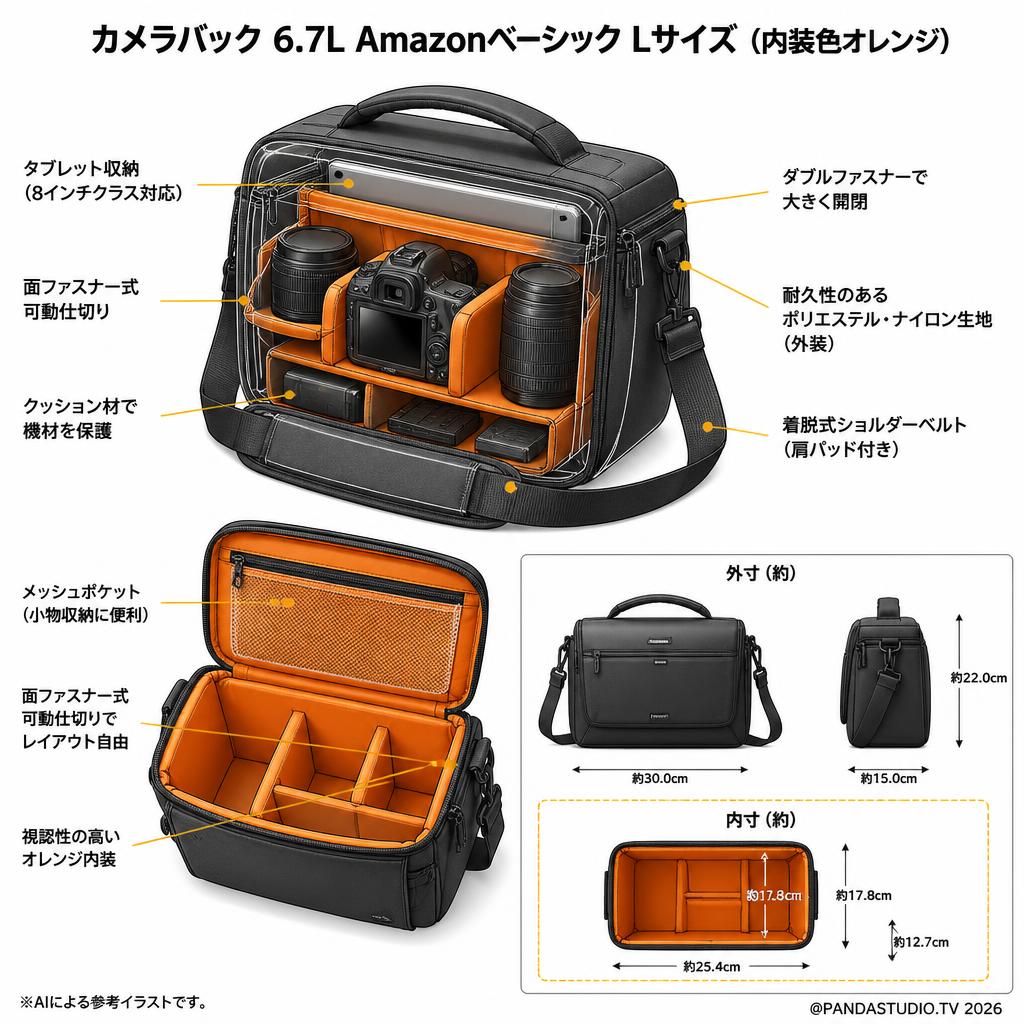 カメラバック 6.7L Amazonベーシック Lサイズ (内装色オレンジ) スペック