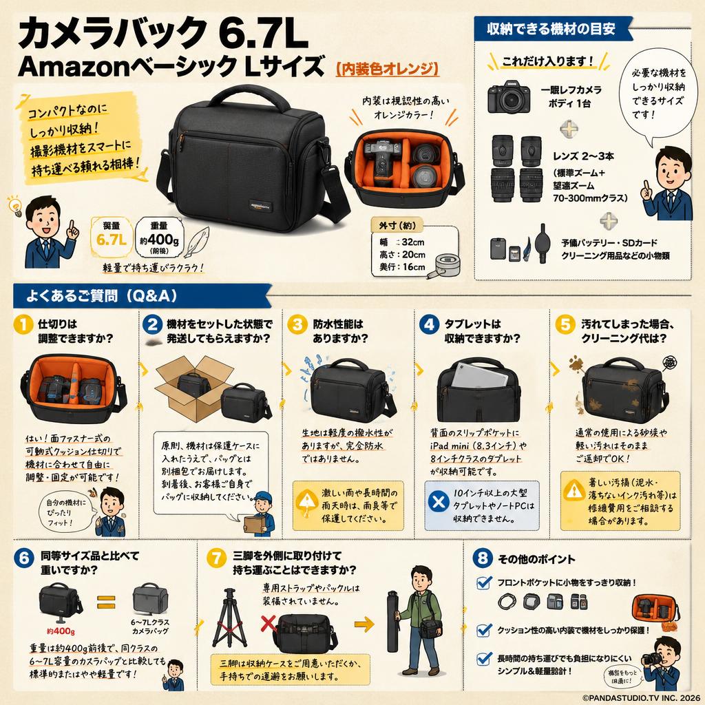 カメラバック 6.7L Amazonベーシック Lサイズ (内装色オレンジ) FAQ（よくある質問と答え）