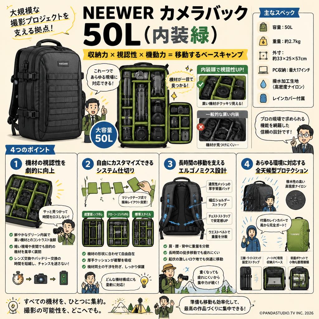 NEEWER カメラバック 50L(内装緑) 概要