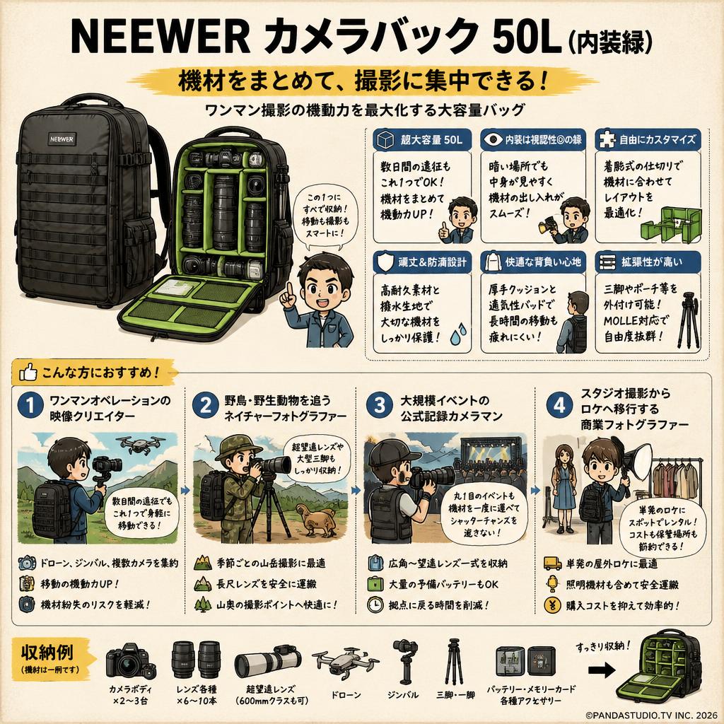 NEEWER カメラバック 50L(内装緑) おもな対象のお客様