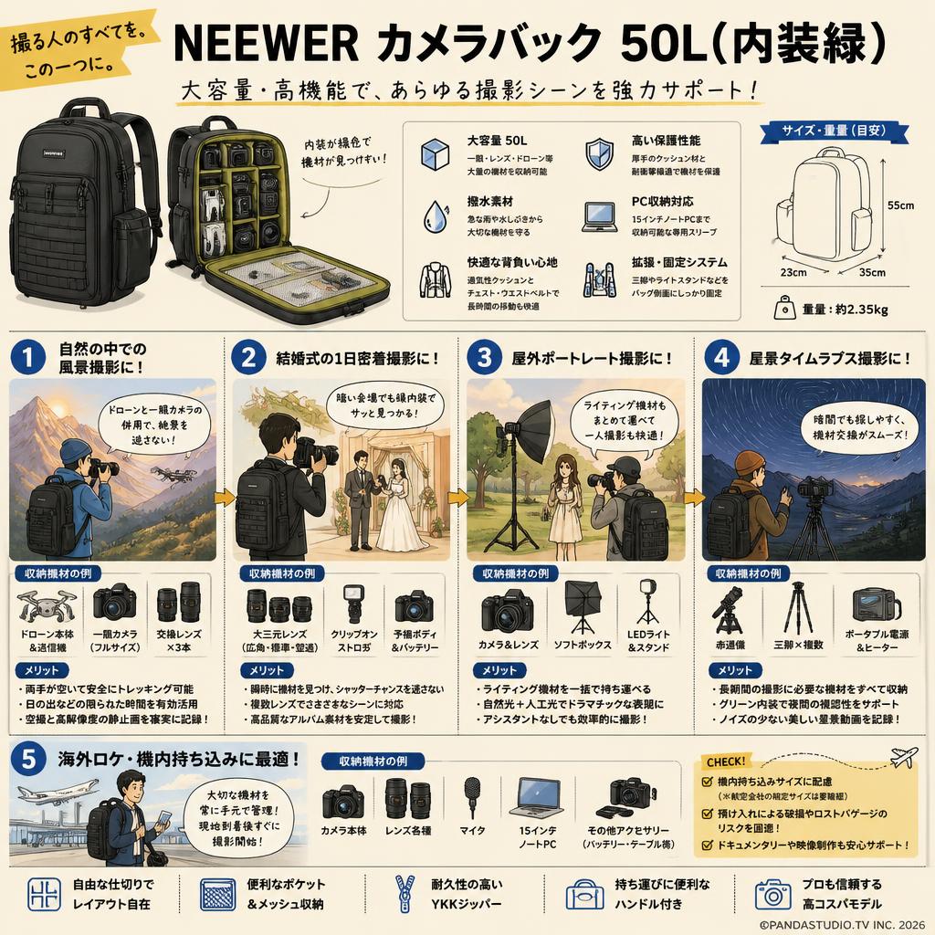 NEEWER カメラバック 50L(内装緑) 用途