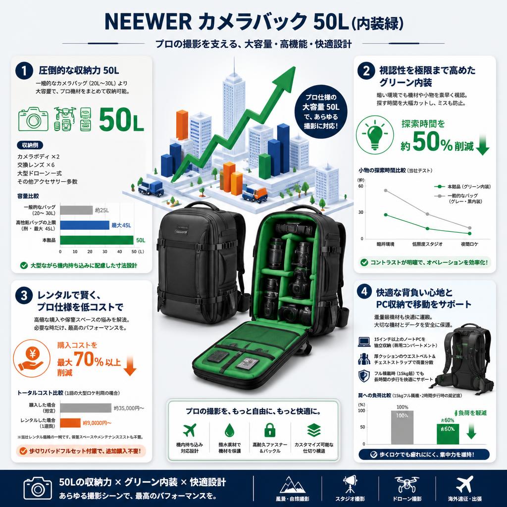 NEEWER カメラバック 50L(内装緑) セールスポイント