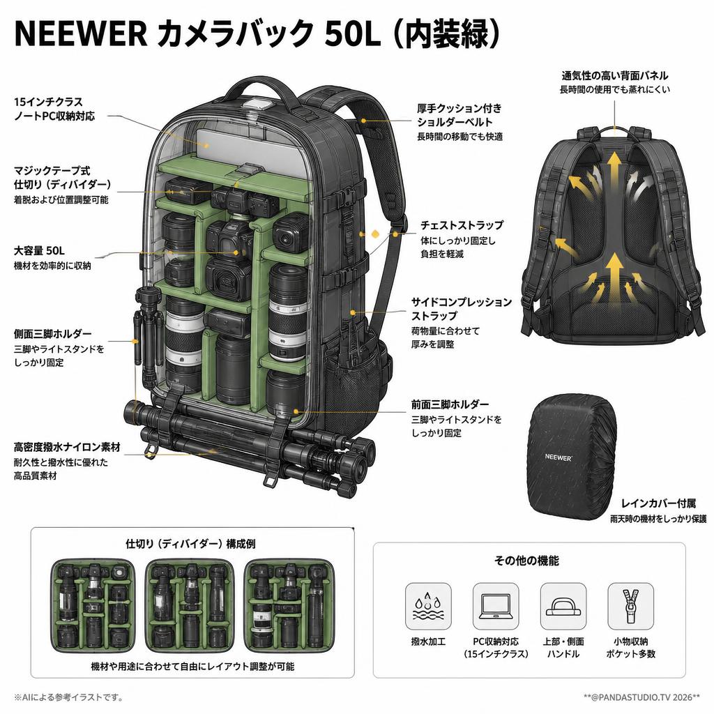 NEEWER カメラバック 50L(内装緑) スペック