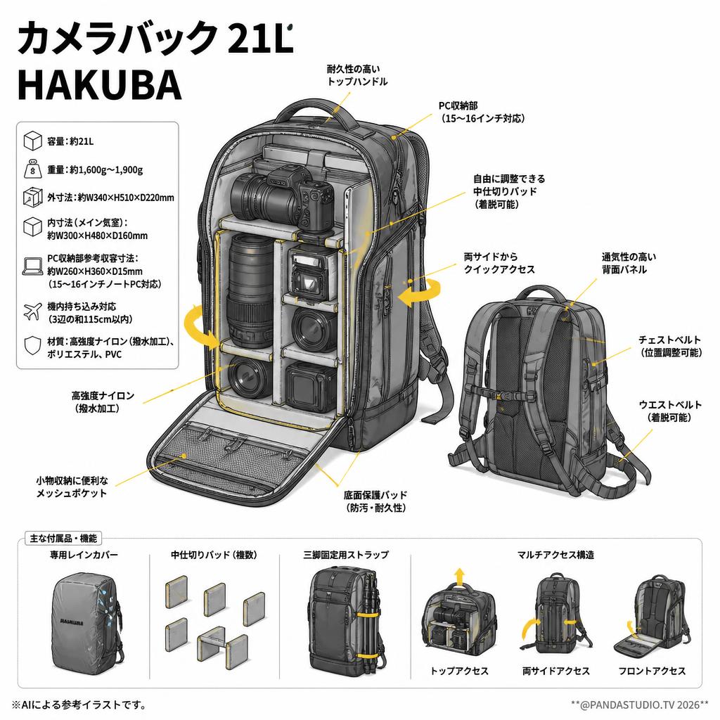 カメラバック 21L HAKUBA スペック
